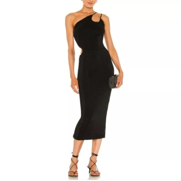NWT Misha Collection Black Vinina Stretch Cutout Bodycon Ruched Midi Dress Sz 2 - Picture 1 of 10